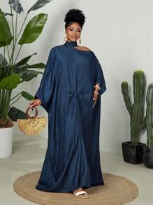 Maweii Plus Size Women Solid Color Elegant Batwing Sleeve Faux Denim Maxi Dress - Blue - View 4