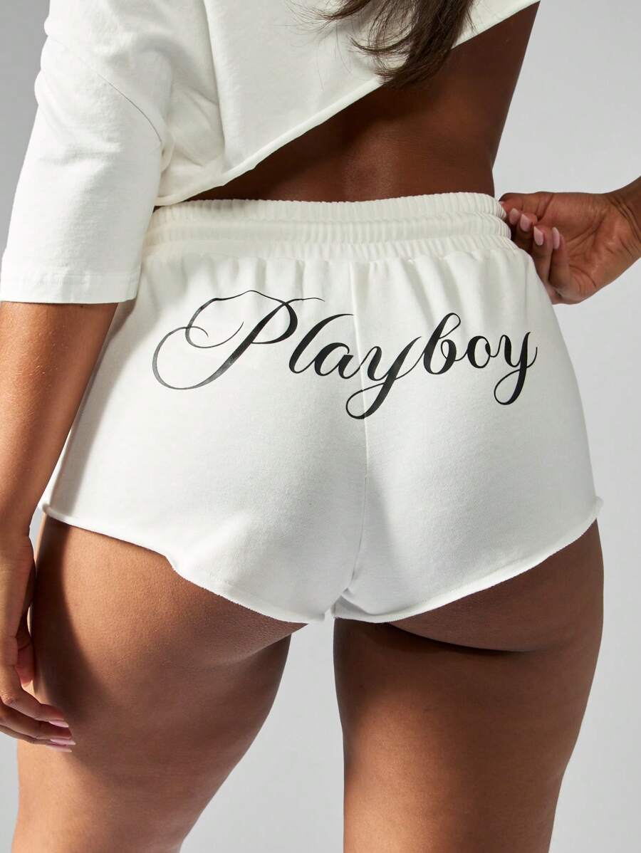 Missguided x Playboy Quần Short Thể Thao Chạy Bộ Quần Áo Thể Thao Mùa Hè Quần Áo Mặc Ở Nhà - trắng - Xem 1