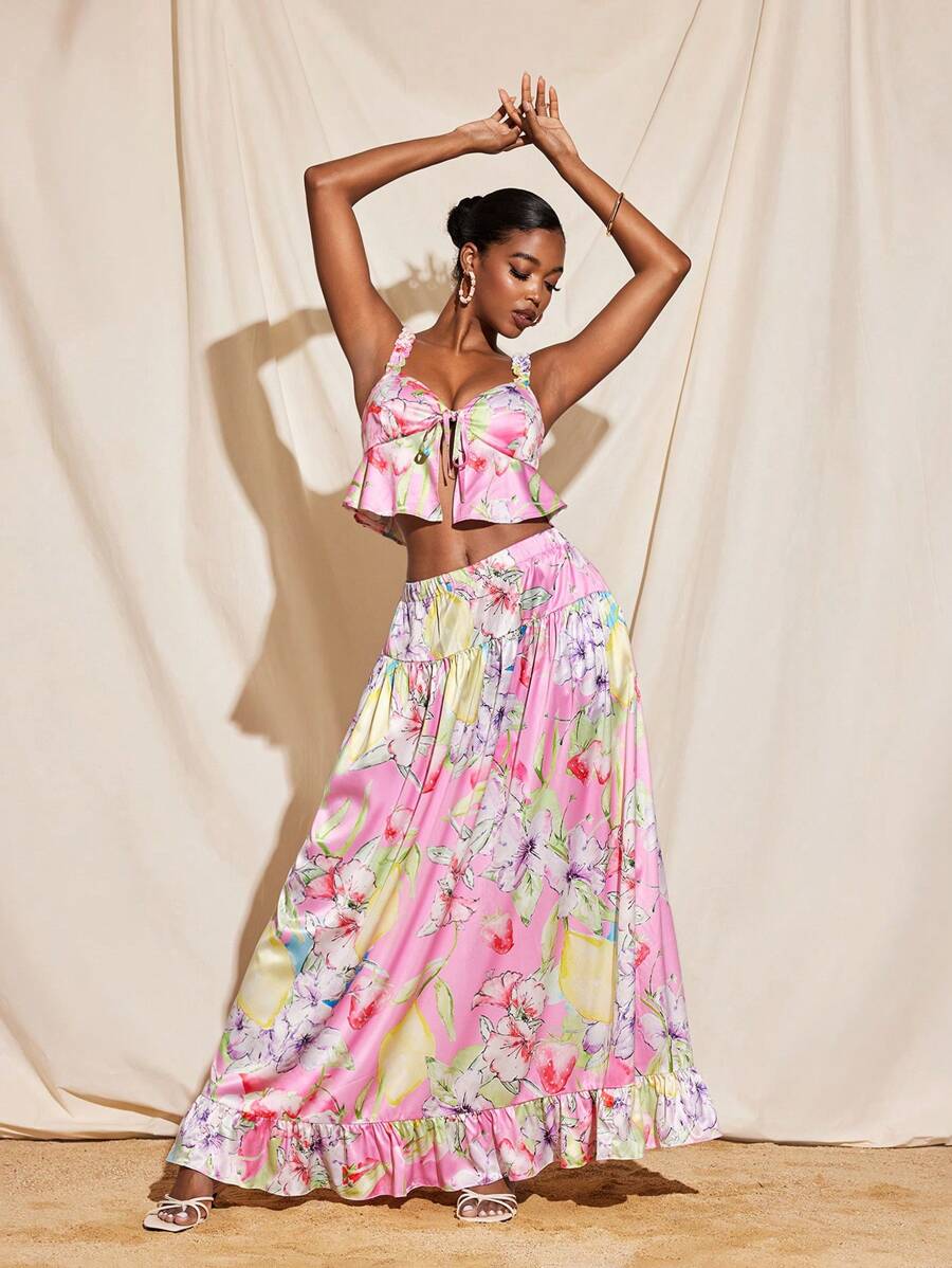 Becci Summer Floral Printed Satin Ruffle Straps Top And Elastic Waist Maxi Skirt Set Elegant Co-Ords