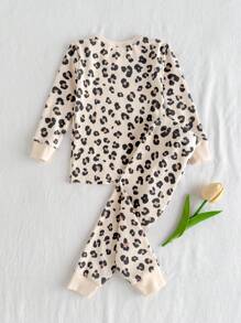 Cozy Pixies Baby Girls 2 Pieces Leopard Print Knit Soft Round Neck Short Sleeve Top And Elastic Waist Slim Fit Pants Pajama Set