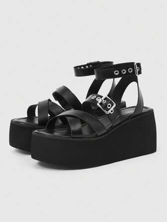 Grunge Punk Women's Buckle Strap Platform Sandals, Round Toe Chunky Heel Roman Sandals, PU Leather Black Dress Sandals Suitable For Graduation, Photo Shoots And Casual Wear