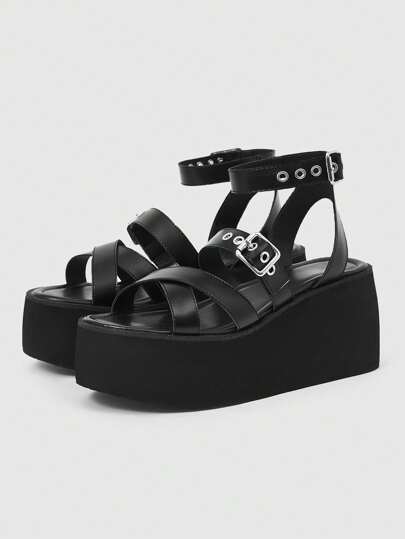 Grunge Punk Women's Buckle Strap Platform Sandals, Round Toe Chunky Heel Roman Sandals, PU Leather Black Dress Sandals Suitable For Graduation, Photo Shoots And Casual Wear