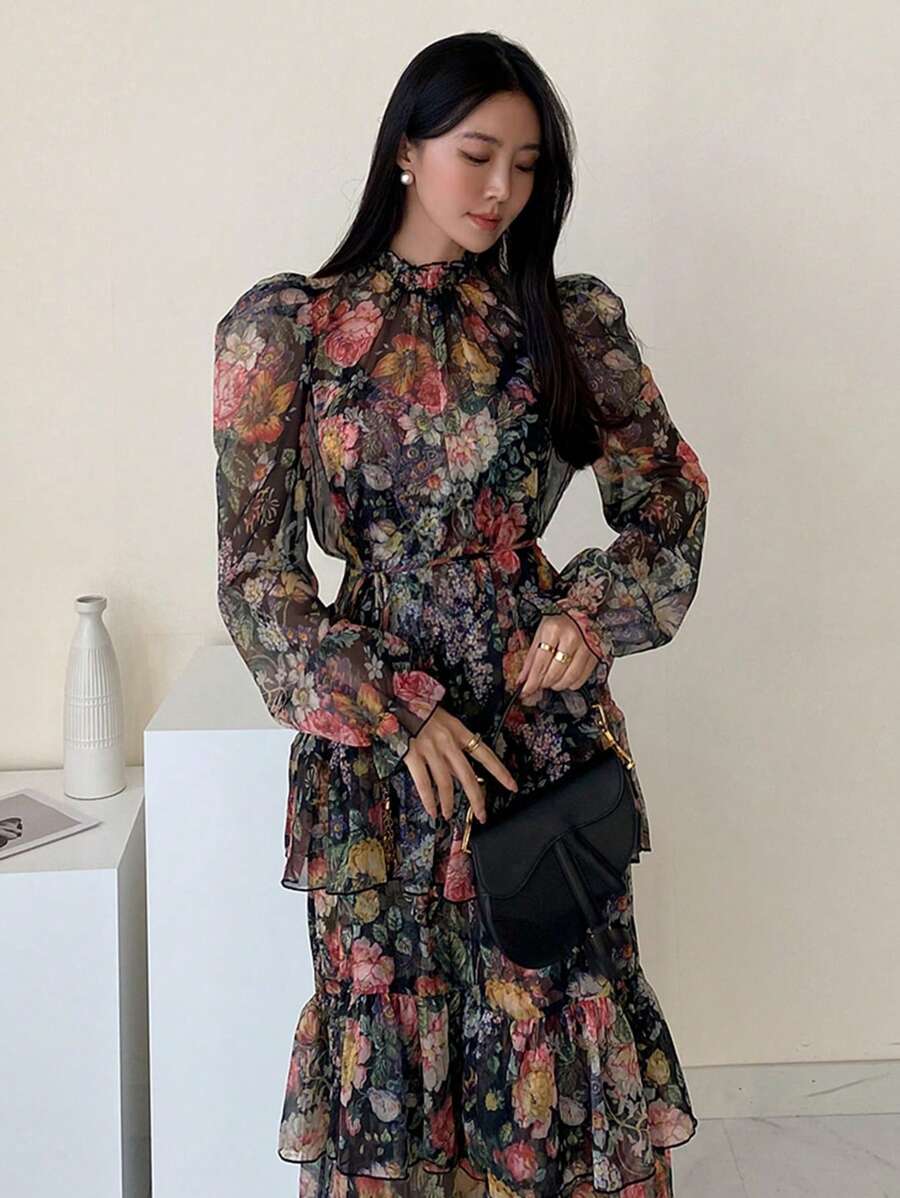DAZY 1件女士碎花荷叶领长袖优雅连衣裙，秋季度假装扮 - 黑色 - 查看 1