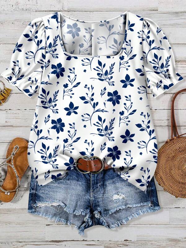 EMERY ROSE Plus Size Casual Ditsy Floral Pattern Lightweight Shirt, Versatile Minimalist Style Suitable For Summer Floral Blouse Women