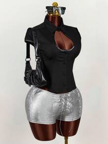 Amplova 女式高领落肩镂空修身束腰衬衫 - 黑色 - 查看 6