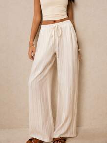 Poéselle Quần vải lanh dài kẻ sọc màu mơ có túi cho nữ, quần dài thắt eo, quần dài rộng rãi, màu trơn, phong cách đồng quê, hòa nhạc, boho, hòa nhạc, lễ hội, thời trang đường phố cho nữ - Màu be - Xem 7