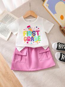 2pcs/Set Young Girls Commuter Casual Top With Printed Graphics And Plain Color Shorts, Spring/Summer Girls Clothes Back To School Outfit Girl First Grade Clothes Girl Summer Holiday