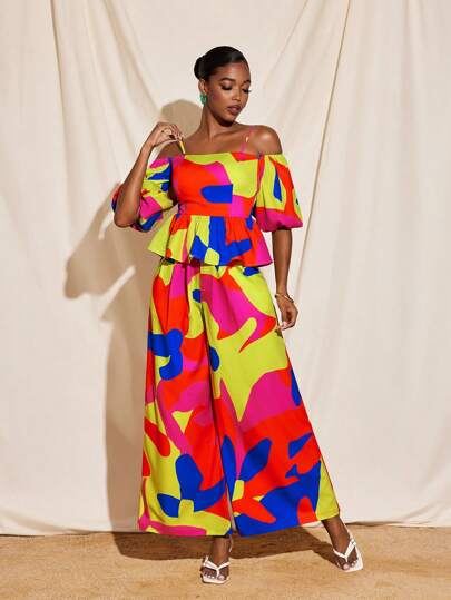 JIAN LASALA 夏季彩色全印花阔腿长度假休闲裤，海滩度假欧洲外出夏威夷安卡拉裤，度假装狂欢节复古返校节 SXY 优雅