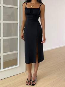 SHEIN EZwear 女士純色簡約日常高側分割絲帶連身裙 - 黑色 - 查看 4