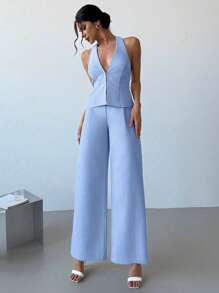 Firerie Nuevo conjunto de primavera/verano de estilo elegante, moda casual versátil, vintage de lujo, color lino sólido, chaleco sin mangas con cuello en V y lazo en la espalda, y pantalones anchos de pierna ancha con pliegues de cintura alta, 2 piezas para otoño/invierno