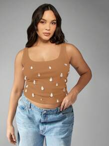 MISSGUIDED PLUS Plus Size Summer Tank Top Sleeveless Tank Top With Scattered Pearl Embellishments Ribbed Basic Casual Top For Day Night - Brown - View 1