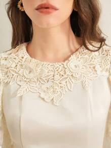 SHEIN Clasi Blusa ajustada de mujer con mangas acampanadas, de encaje bordado y malla, elegante, para el verano - Albaricoque - Ver 2