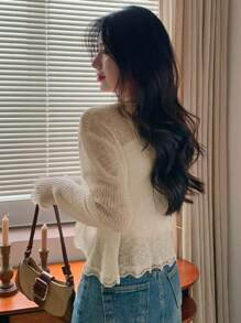 DAZY Women's Floral Sheer Ivory Pointelle Cardigan