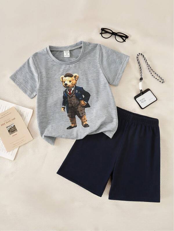 SHEIN 2pcs Young Boy Casual Loose & Comfortable T-Shirt And Shorts Set, Cute Style, Suitable For School, Gathering, Outdoor, Sports. 2025 Back-To-School Season Kids College Outfits And Campus Sportswear