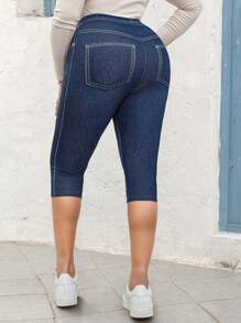 SHEIN LUNE Plus Size Women Printed Skinny 7/8 Jeggings Casual Capri Pants, High Elasticity