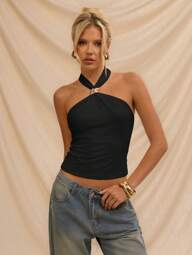 Avantive Metal Trim/Halter Neck And Off-The-Shoulder/Black Top/Formal/Back To School/Halloween/Wedding Guest/Vacation/Y2k/Beach /Cute/Teacher/Going Out/Business Casual/Elegant/Birthday/Office Outfits/Country Concert/Club/Western/Work Clothes/Streetwear/Vintage/Festival/Cocktail/Rave/Prom/Airport/Funny/Basic/Brunch Outfits/2000s Style/Bodycon/Old Money Style/Church/Homecoming/Classy/Party/Modest/Fairycore/Coquette/Date Night/Festival/Resort Wear/Baddie/Stockholm Style/Night Out
