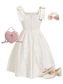 SHEIN 女孩优雅花卉提花吊带连衣裙，配有可拆卸蝴蝶结