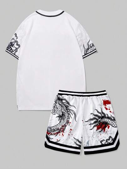 Street Life Men's Japan Style Dragon Pattern Baseball Uniform Set, , Baseball Jacket With Shorts