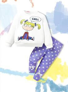 Nick 90s | SHEIN 2 Stücke/Set Baby Mädchen süßer Cartoon Mädchen Grafik Sweatshirt und lila gepunktete Leggings, Lässig Stil geeignet für Frühling/Herbst/Winter