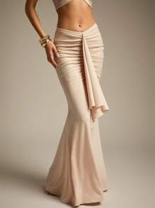 Hauture Women's Elegant Sexy Solid Color Basic Ruched Waist Mermaid Hem Maxi Skirt For Vacation Beach Seaside Summer Style - Khaki - View 5