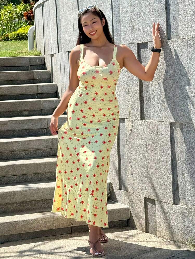 Plus Size Stretchy Floral Print Long Dress With Racerback Style Women Plus Sun Dress Vacation Cruise Outfit For Women Dress Boho