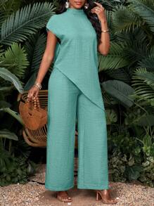 SHEIN Lady Bộ đồ 2 món áo tay cánh dơi cổ đứng viền bất đối xứng màu trơn cho nữ - Màu xanh ngọc - Xem 8