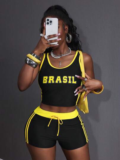 Slaydiva 女式两件套泳衣套装，正面字母印花背心和短裤