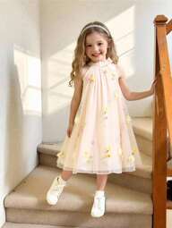 SHEIN Elladie kids Härliga drömska unga flickklänningar 3D blommig mesh blå halterneck festklänning, elegant unik för fest, utflykt och vardagsliv