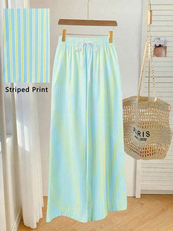 Flirla Plus Size Spring/Summer Casual Versatile Loose Girl Sweet Striped Print Wide Leg Elastic Waistline Elastic Pants Rope Slimming Versatile Home Baggy Pants