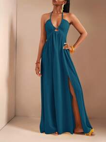 Zivah 新款春夏休闲假日露背露肩胸围、腰围和后背摆裙，前开叉至大腿，黄色海条纹女式超长连衣裙-B - 藍色 - 查看 4