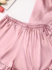 LuxeNights Conjunto de 3 piezas de pijama de seda sintética de unicolor con ribete de contraste y cuello de solapa, para vacaciones