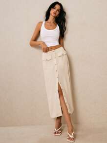 Poéselle Jupe d'été décontractée pour femme, de couleur unie avec fermeture à boutons devant - Nude - Voir 4