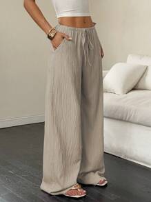 SHEIN PETITE Pantalones anchos de mujer de unicolor con bolsillos y cordón