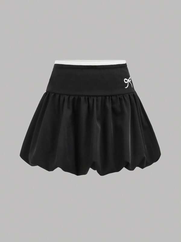Girlism Teen Girls Black Colorblock Bow Waistband Side Zipper Skirt, Peplum School Girl Athletic Mini Skirt, Back To School