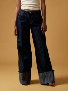 MISSGUIDED Wide Leg Jeans With Exaggerated Turn Up Cuff Detail Retro High Waist Denim Pant Modern 70s Style Fall Winter Fashion - Blue - View 3