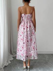 Elenzga Vestido de vacaciones romántico para mujer, vestido sin mangas con tirantes de espagueti, volantes en la espalda y estampado floral diminuto para el verano