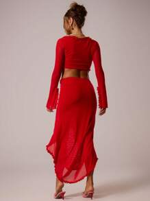 MUSERA 深V领褶皱胸前荷叶边下摆长袖露脐上衣和中长裙套装，适合夏季、婚礼宾客、生日派对、俱乐部、性感优雅的秋季夜生活、外出约会、春季等场合。 - 紅色 - 查看 3
