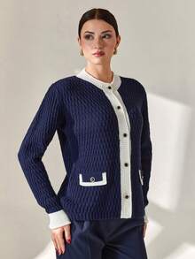 CLARA VERO Women Contrast Hem Detailed Front Button Pocket Detailed Navy Cardigan - Navy Blue - View 3