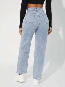SHEIN PETITE Hög midja raka ben jeans - Ljustvätt - Visa 2
