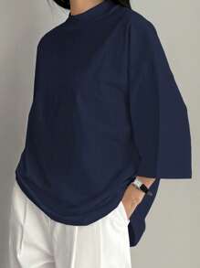 Dazy-Less Camiseta de manga corta de cuello alto, de unicolor, minimalista y de uso informal para oficina, para mujer