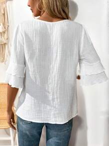 SHEIN PETITE Women's Summer Solid Color Textured Fabric V-Neck Casual Ruffle Sleeve Linen Blouse - White - View 2