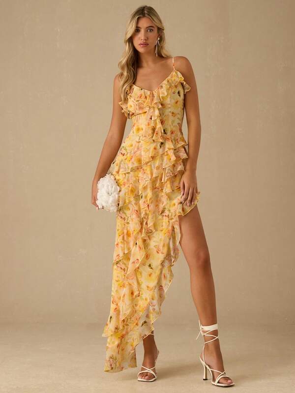 Enchnt Romantisches Damenkleid mit asymmetrischem Rüschensaum und Spaghettiträgern in Sonnengelb für Frühling/Sommer, süß und elegant für Urlaub, Verabredungen, Feiertage, Partys, Abschlussfeiern, Hochzeitsgäste und Strand, Ballkleid, Sommerkleider für Damen, Sommerkleider für Damen, Sommerkleidung, elegante Kleider für Damen, elegante Kleider für Feste, figurbetontes Kleid