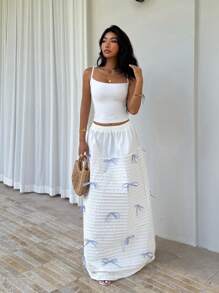 SHEIN EZwear Falda casual versátil de línea A con cintura elástica y decoración de moño para mujer - Blanco - Ver 3