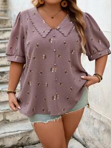 SHEIN CURVE+ Áo sơ mi nữ cỡ lớn tay phồng in họa tiết, áo sơ mi nữ cỡ lớn không cài cúc, thích hợp mặc đi biển/đi biển/nghỉ mát biển/đồ cần thiết khi đi biển/lễ tốt nghiệp/tiệc trà mùa hè/phong cách đồng quê/kỳ nghỉ biển/bãi biển/trang phục đi biển - Nhiều màu - Xem 3
