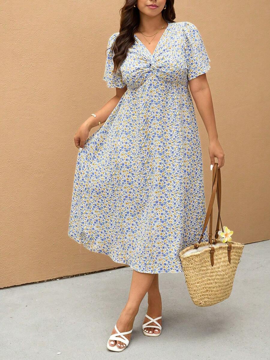 Elaquor Plus Size Elegant Tiny Ditsy Floral Twist Front Dress,Summer Dresses For Women - Multicolor - View 1