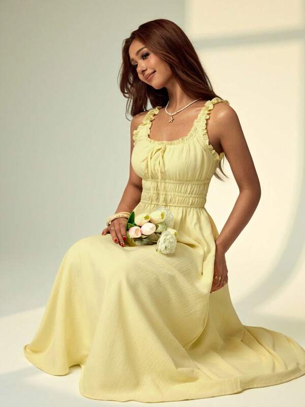 SHEIN PETITE Women's Summer Light Yellow Goose Yellow Wood Ear Edge Wide Shoulder Strap Holiday Long A-Line Dress Butter Yellow Dress