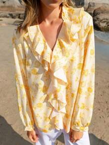 Lumivelle Camisa de mujer de manga larga con estampado floral y volante en el bajo