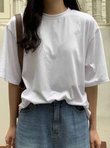 DAZY Basic Loose Casual Round Neck Women's T-Shirt, Spring/Summer - White - View 1