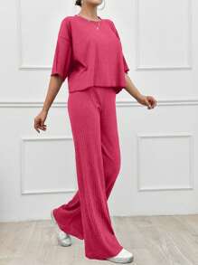 SHEIN Tall Cotton Simple Summer Solid Loose Drop Shoulder Short Sleeve Top And Straight Pants - Hot Pink - View 3