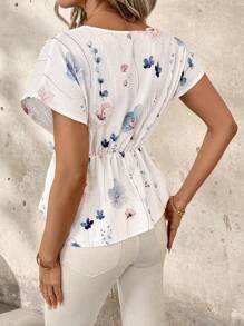 SHEIN Clasi 女士花卉印花圆领短袖腰衬衫裙，适合度假穿着 - 白色 - 查看 2